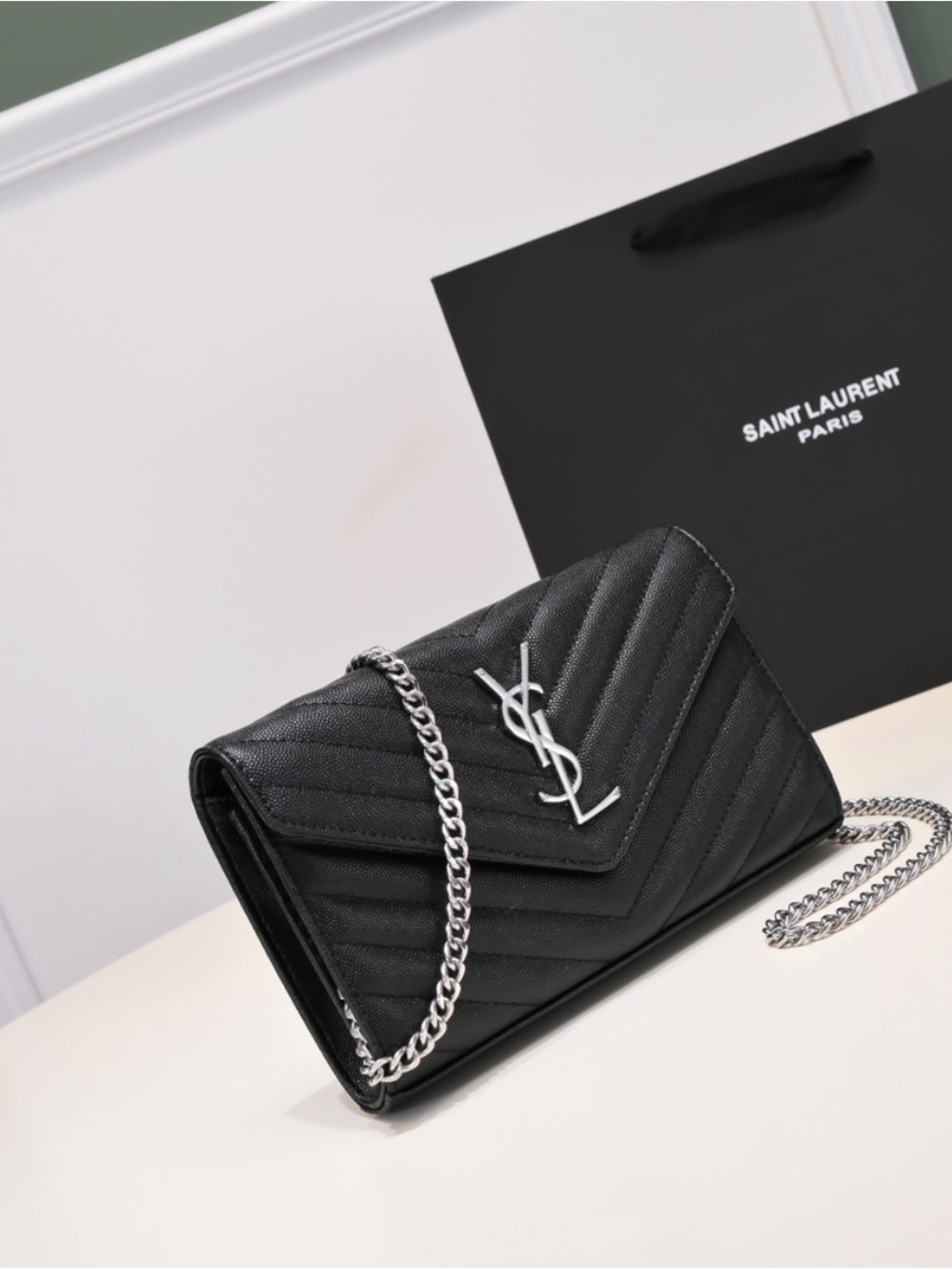SL Matte Black Quilted Chain Crossbody Wallet